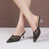 2025 Summer New Mesh Rhinestone Bag Head Half Slippers Women's Fashion Outer Wear Women's Shoes Pointed Crystal Heel High Heel Sandals