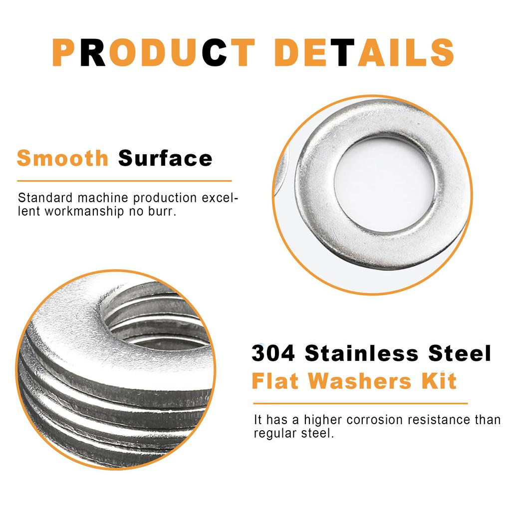 Комплект из 340 плоских шайб из нержавеющей стали марки 304, M2-M2.5-M3-M4-M5-M6-M8-M10.