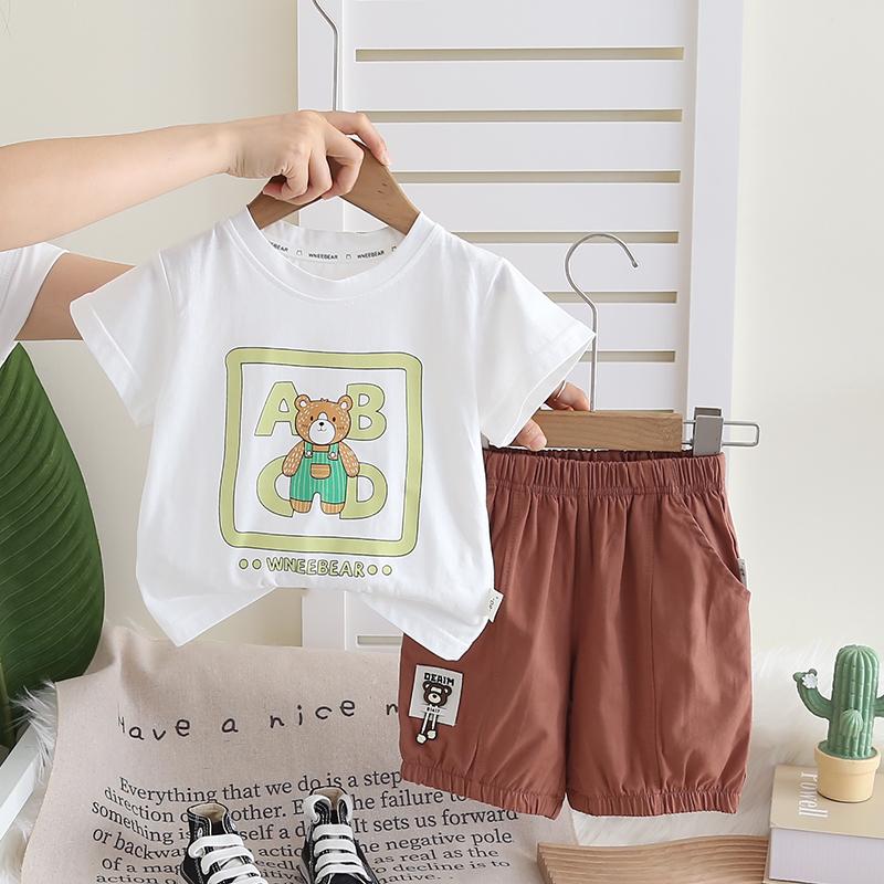 Комплект для мальчиков от 0 до 5 лет Детская футболка с короткими рукавами и круглым вырезом Повседневный комплект из двух предметов: топ и шорты с рисунком для мальчиков