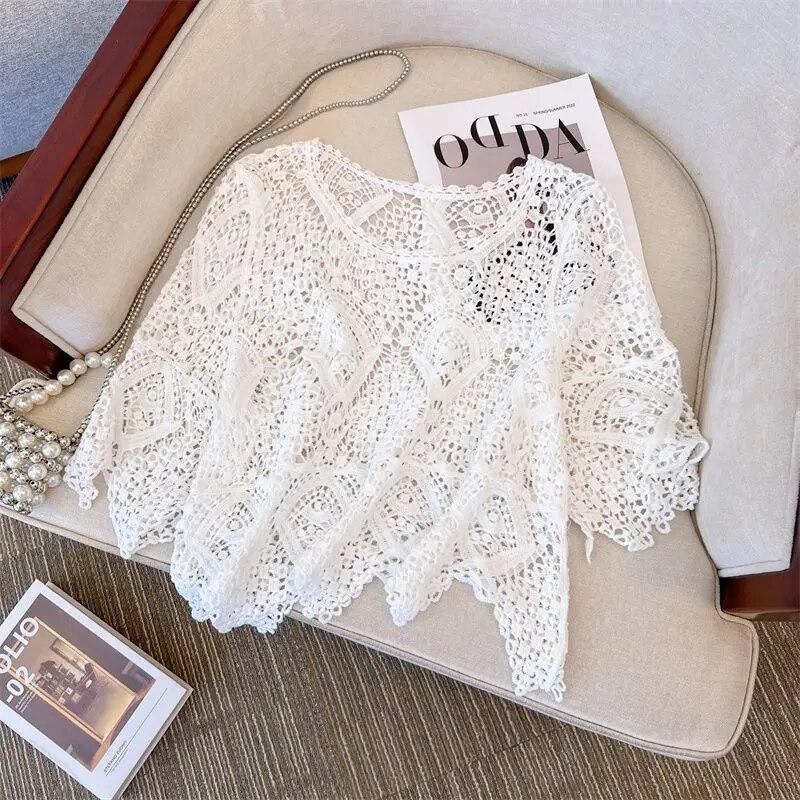 Split Sleeved Hollowed Out Knitted Sweater Short Sleeved Women's Summer New Style Outerwear Cover Up Thin Loose and Stylish Top