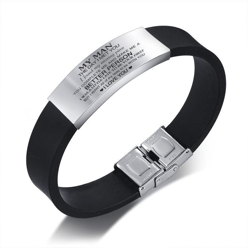 Vnox Custom TO HUSBAND Bracelets for Men Black Silicone Wrist Band with Stainless Steel Tag Valentine's Day Gift for Him