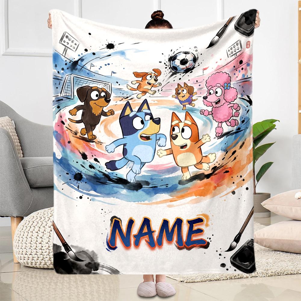 Soccer Fun Bluey Customize Text Blanket Throw Customizable Blanket Soft & Cozy Suitable for Bed Home Decor Couch Office Ideal for All Seasons
