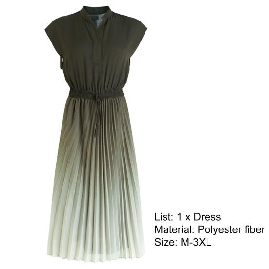 Stand Collar V-neck Flying Sleeve Elastic Waist Drawstring Summer Dress Gradient Color Pleated