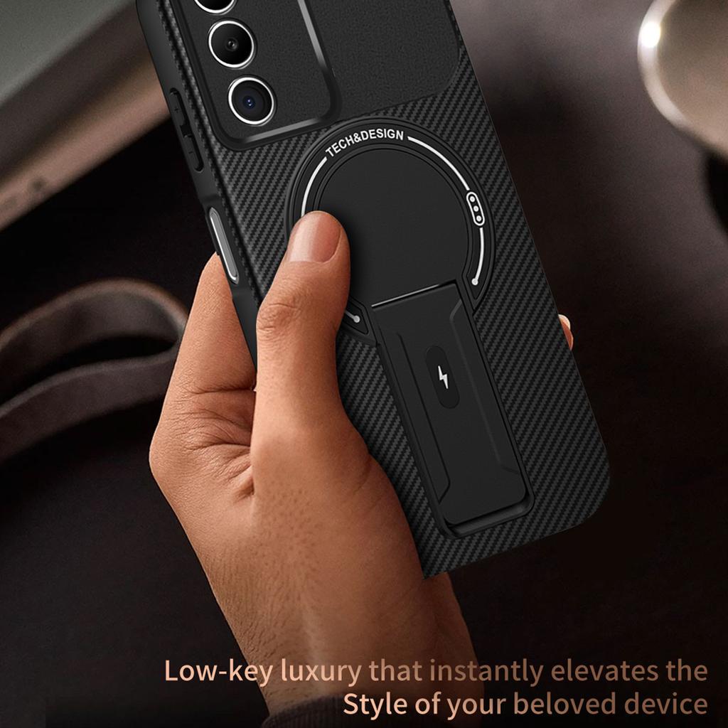 Для Xiaomi Redmi 15 5G (Глобальный) (169 мм) Чехол Текстура Углеродного Волокна ПК+ТПУ Чехол для Телефона с Подставкой