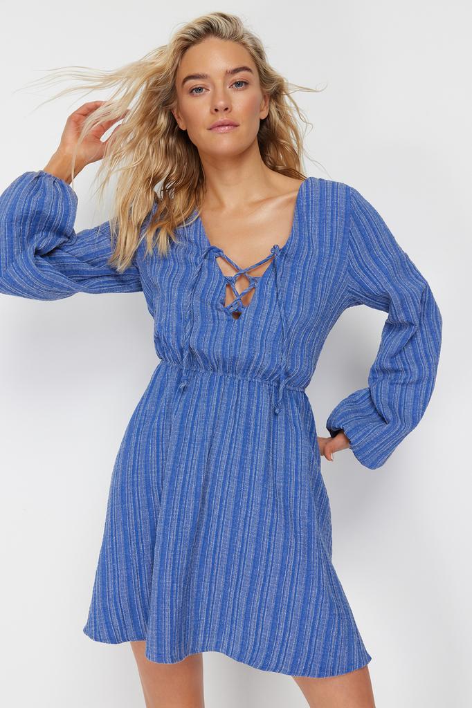 Women's Fashion New Dress Black Mini Woven Tie-Up Linen Blend Beach Dress