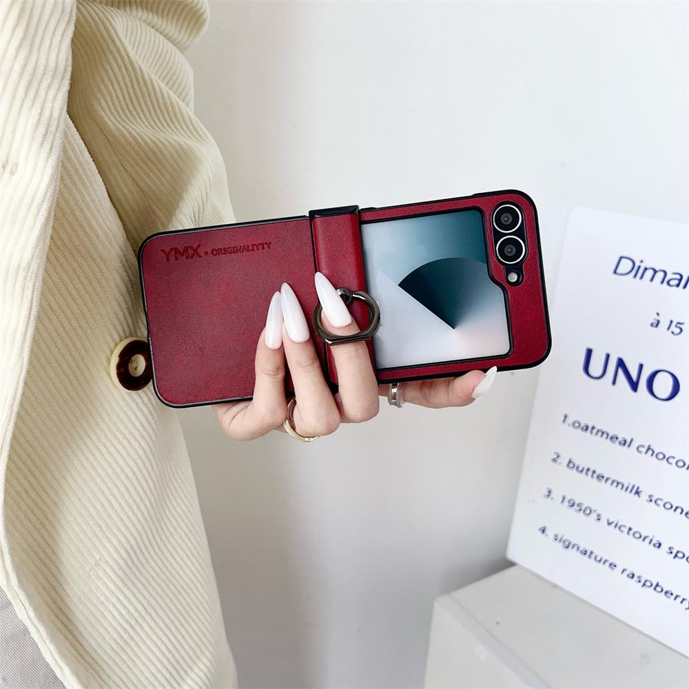 For Samsung Z Flip 7 FE Leather Finger Ring Bracket Phone Case for Galaxy Z Flip 7 6 5 4 3 3in1 Hinge Protection Cover