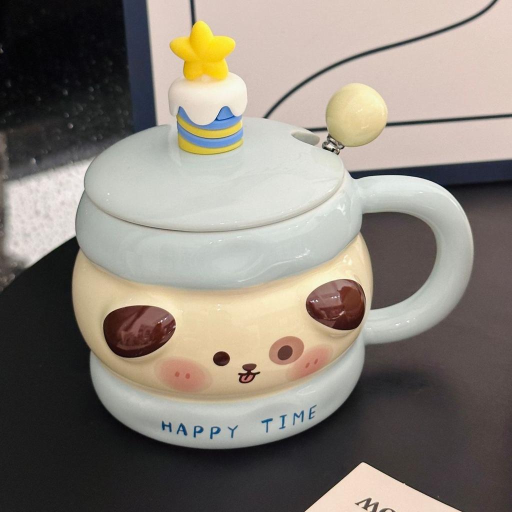 Cartoon Cute Sandwich Biscuit Ceramic Mug with Lid Spoon Cute Water Cup As A Gift for Girlfriends
