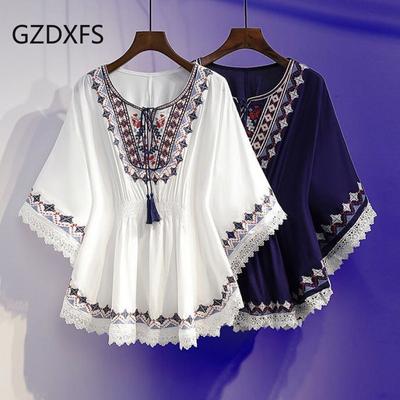 Новый женский летний топ большого размера, свободный и с тонкой талией, женский уменьшающий возраст шифон с винтажным принтом