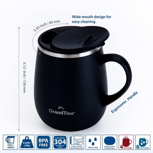 GRANDTIES Premium Vacuum Insulated Mug, 460ml, Available in 19 Colors, with Easy-Open Sliding Lid, Stainless Steel Double-Wall Vacuum Insulation, and