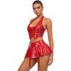 Women PU Leather Crop Top Halter Back Lace Up Built-in Briefs Miniskirt Garter Clips Clubwear Set