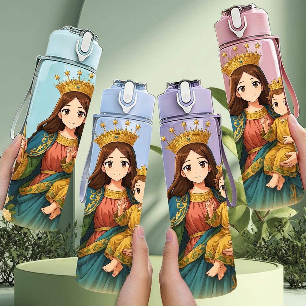 1PC Virgin Mary Holding Baby Jesus Print 750ml Color Plastic Sports Water Bottle Leakproof Flip Straw Lid Suitable for Sports Office Home Use