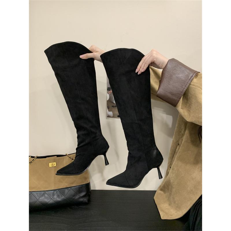 Hate the Sky High Elastic Boots Pointed High Heel Boots Suede Thin Thin Heel Zipper Leg Over Knee Boots