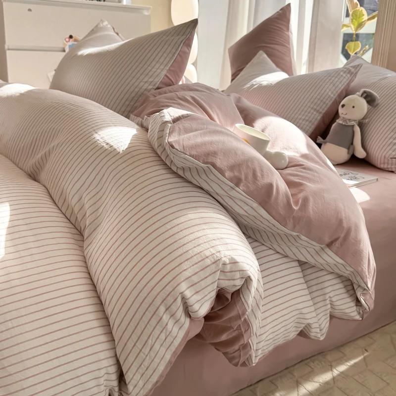 Pure Cotton Home Textile Striped Bedding Set Simple Soft Duvet Cover Sheet Pillowcase Ins Style Bed Linens Queen King Size
