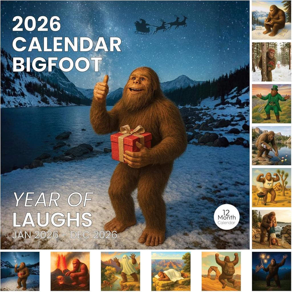 Bigfoot Calendar 2026 Monthly Wall Calender 12 Month, Funny Cryptid Calendar 2026, Bigfoot Gifts, White Elephant or Gag Gift, Sasquatch Gifts for Men