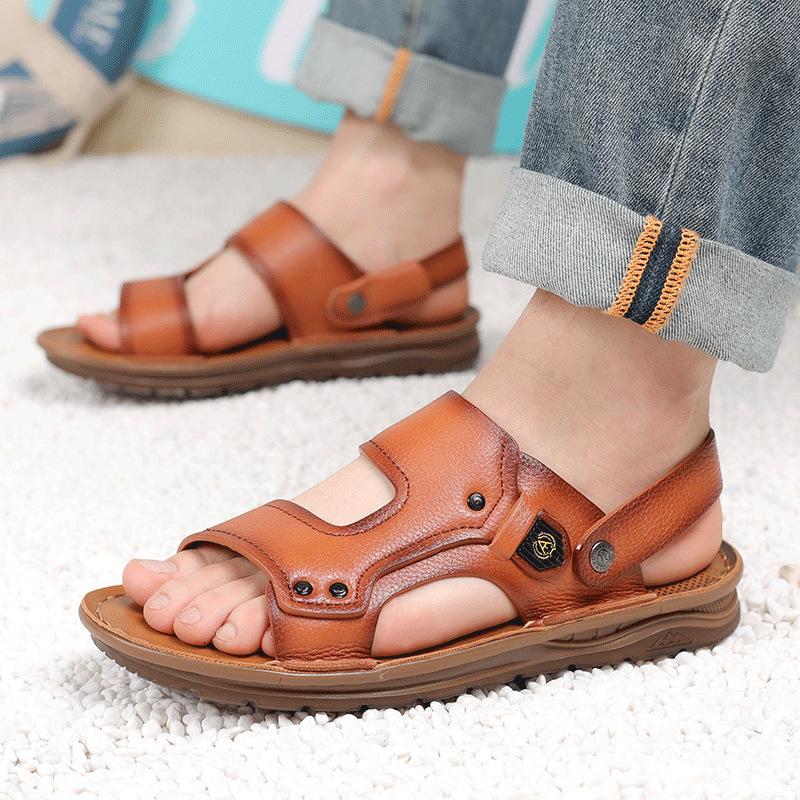 First Layer Cowhide Sandals Men'S Summer Casual Two Wear Beach Shoes Men'S Leather Non-Slip Youth Cool Slippers Men