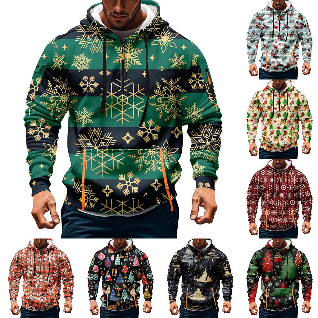 Мужская толстовка с капюшоном на молнии до середины, повседневная спортивная с рождественским принтом