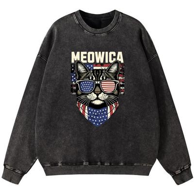 Кошка в американских очках Женский винтажный свитшот из выстиранного хлопка Тонкий стиль Простая худи оверсайз Уличный кэжуал