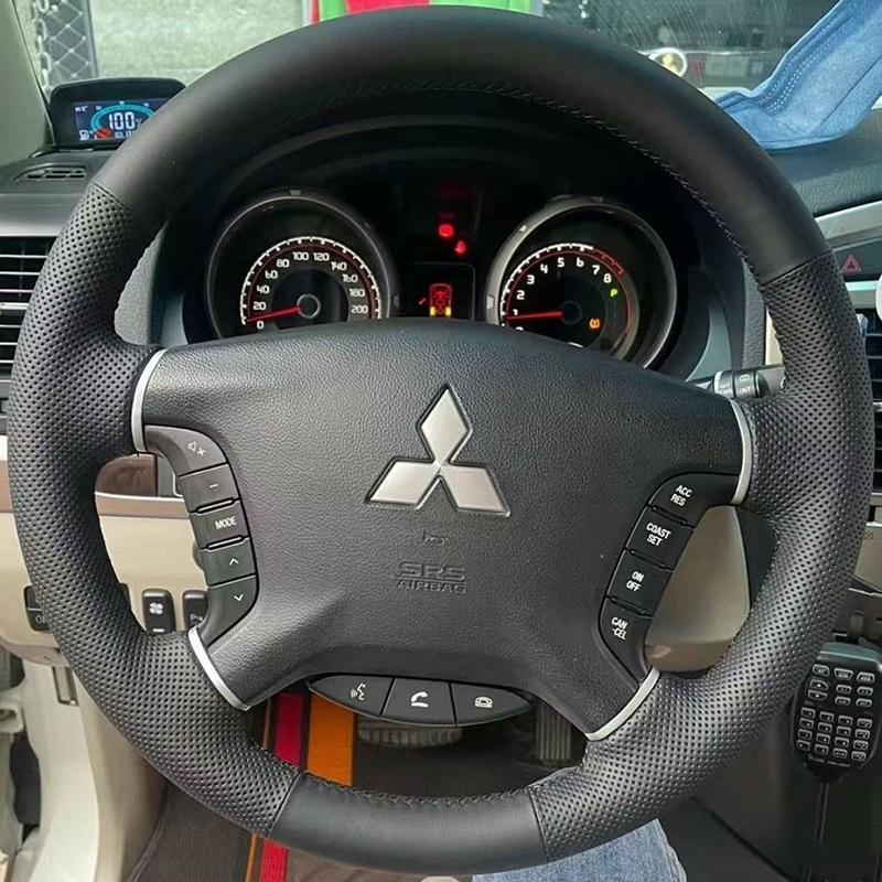 cwvc7 for Mitsubishi Pajero 2007-2014 Galant 2008-2012 Hand-Stitched Black genuine Leather Peach wood grain Car Steering Wheel Cover