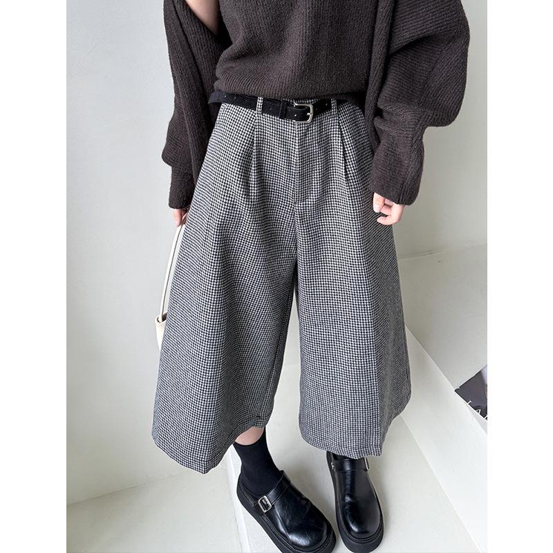 Ju Zhi Early Autumn Plaid Wool Wide-Leg Retro Houndstooth Pants