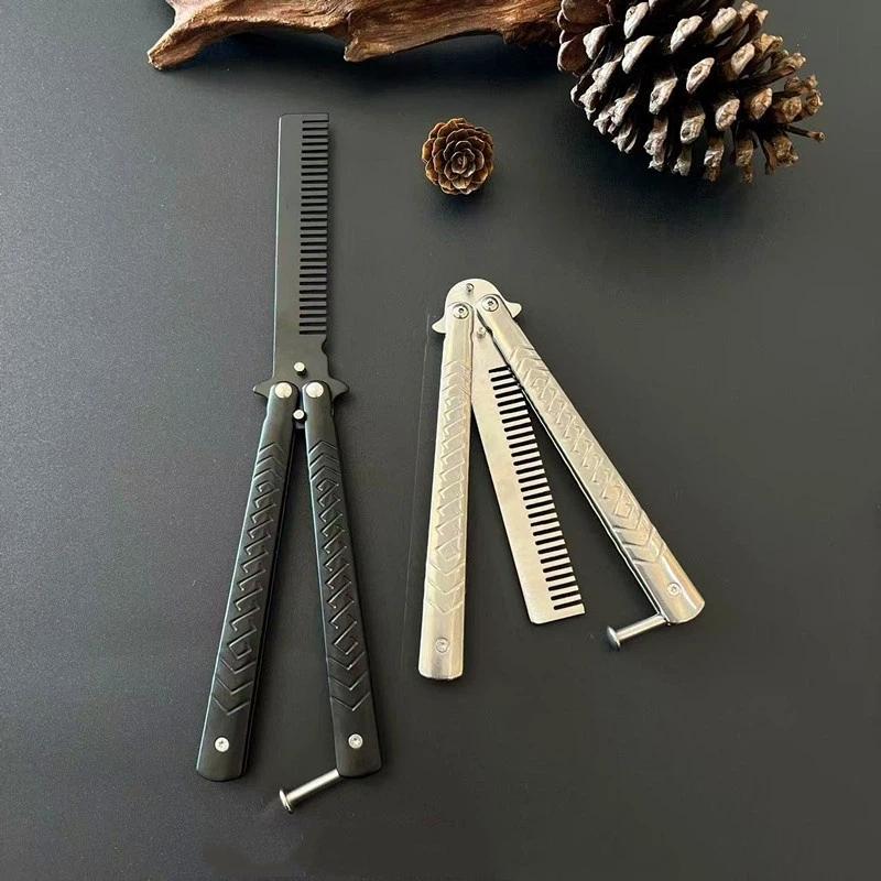 Folding Stainless Steel Butterfly Knife Comb Trainer Practice Styling Tool for Beginners Hair Grooming Learning