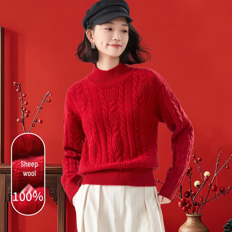 Snowforte Women's Warm 100% Wool Cable Knit Mock Neck Sweater