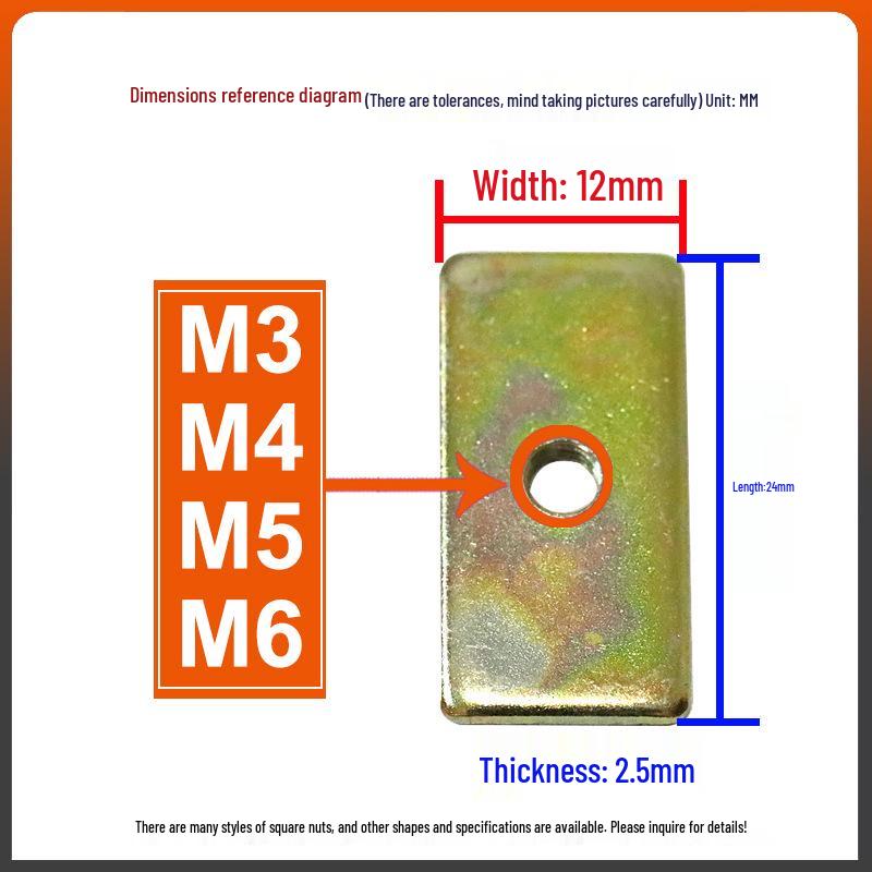 Квадратная гайка M3/M4, Смещенная Т-образная гайка M5, Железная гайка-шайба M6, Прямоугольная гайка-блок