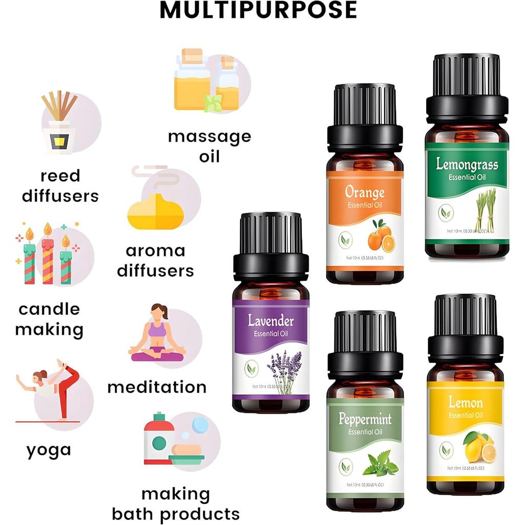 Essential Oils Set - 6 Blends for Diffusers, Home Care, Candle Making Scents, Fragrance, Aromatherapy, Humidifiers, Gifts - Peppermint, Lemongrass