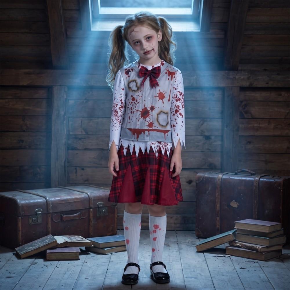 Creepy Halloween Zombie Costume Red Plaid Bloody Dress Zombie Cosplay Costume Themed Party