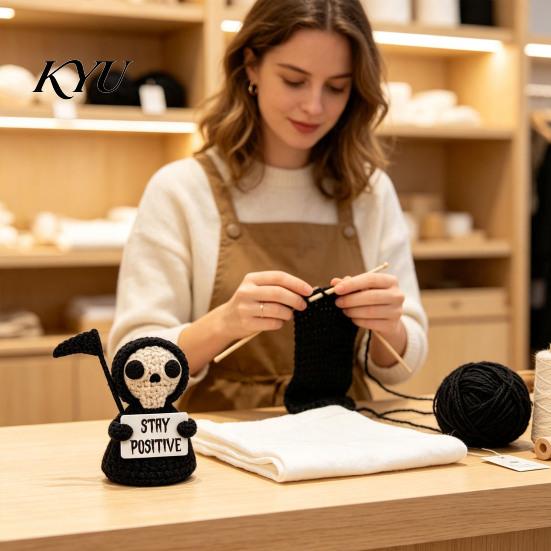 Dark Humor Office Gift Halloween Crochet Grim Reaper Decoration, Handmade Doll with Spooky Toy Hilarious Message Card, Funny Gifts for Best