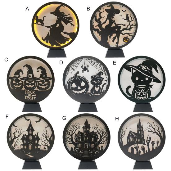 Halloween LED Lantern Wooden Desktop Light Witch Pumpkin Spider Cat Designs Silhouette Ornament Spooky Tabletop Home Party Decoration