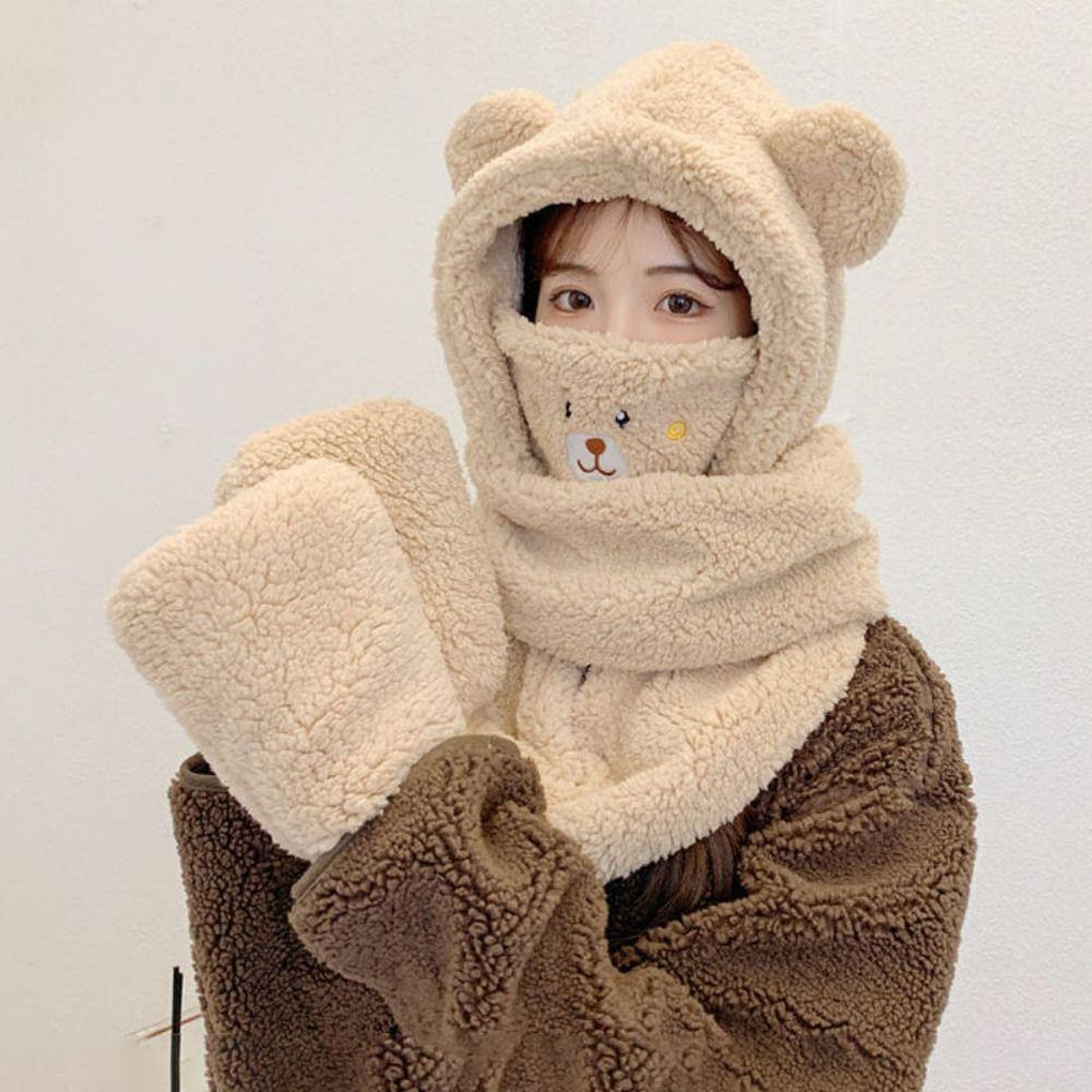 Winter Warm Women Beanies Caps Cute Bear Ear Integrated Cap Scarf Ear Protection Caps  Cycling