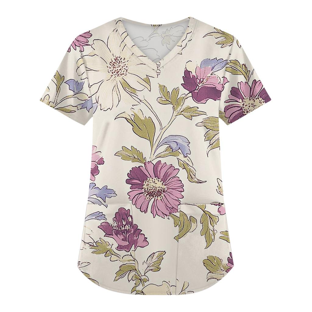 Женская мода с коротким рукавом и V-образным вырезом с карманами и цветочным принтом Топы Одежда