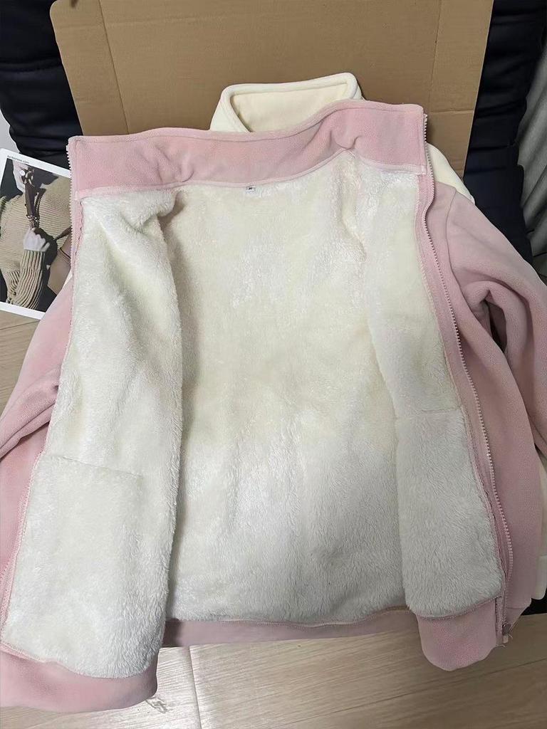 Женская розовая флисовая куртка из овечьей шерсти: Ветрозащитный, Толстая вельветовая подкладка, Теплая зимняя верхняя одежда