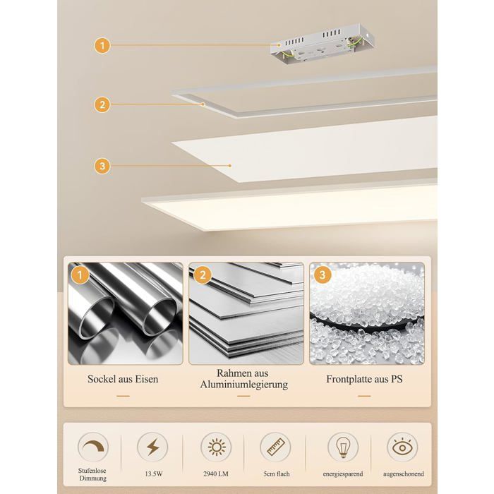 Plafonnier LED - NETTLIFE - 100 x 25 cm - Dimmable télécommande - Température 2700–6500K - Extra‑plat 5 cm