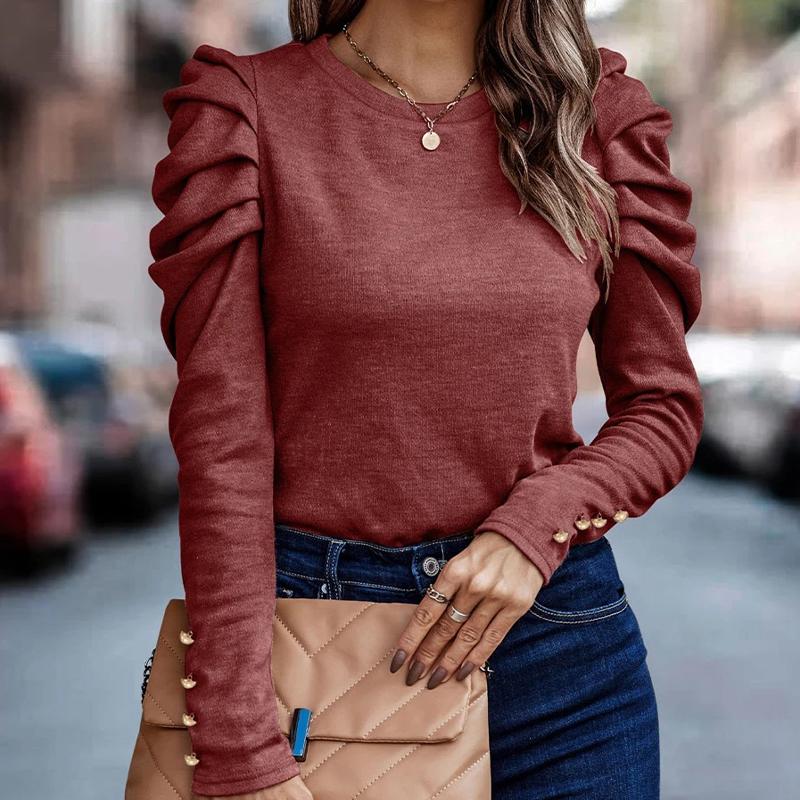 Женский топ с длинными рукавами и круглым вырезом Slim Fit с пышными рукавами