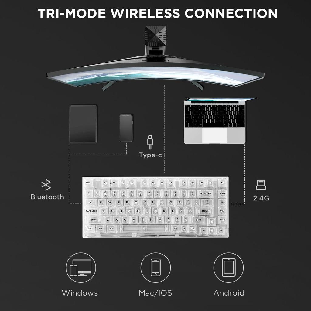 YUNZII X75 PRO 82-Key Wireless Hot-Swap Mechanical Gaming Keyboard with Transparent Keycaps, BT5.02.4GUSB-C Gasketed Keyboard for WindowsMac (Crystal