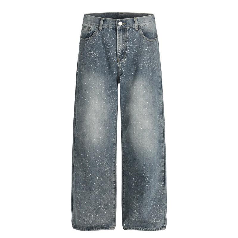 Mens Relaxed Fit Straight Leg Denim Jeans With Washed Effect Rhinestone Embellishment Vintage Streetwear Style