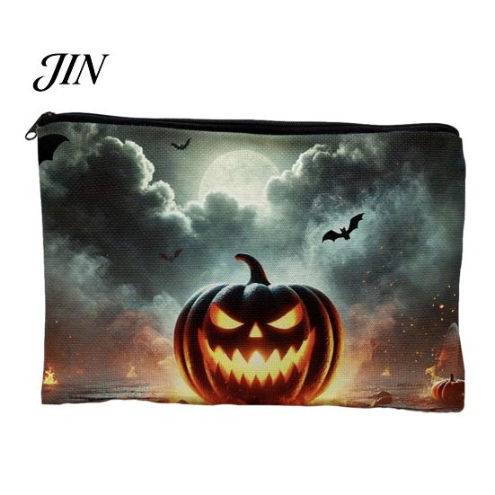 Small Toiletries Organizer Halloween Storage Bag, Large Capacity Cosmetic with Pumpkin Travel Pouch Castle Skull Print, Smooth Zipper Thickened Canvas