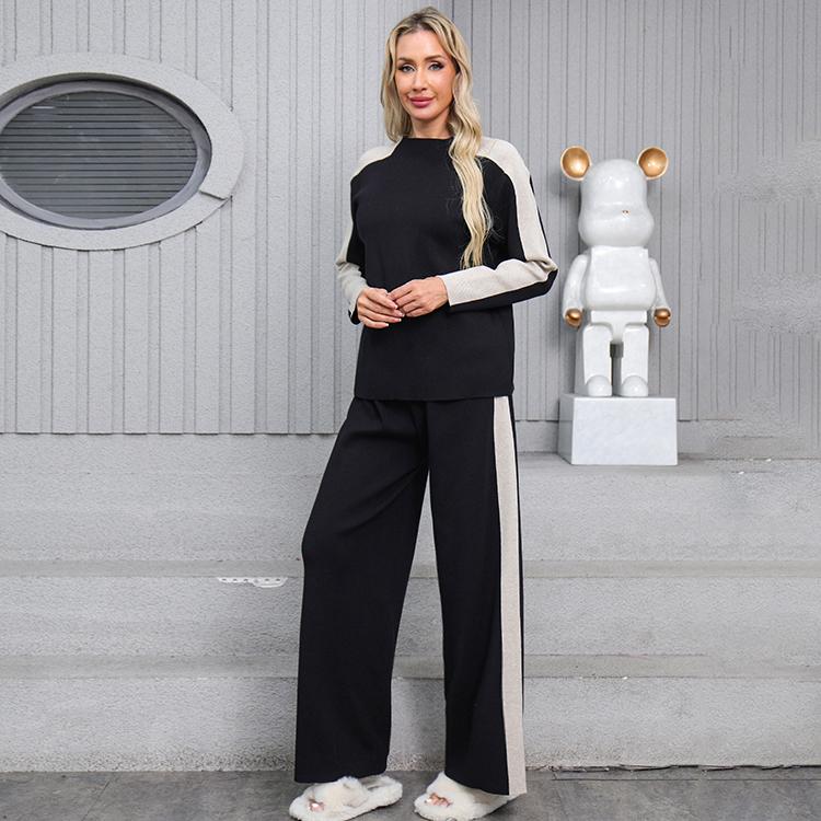 Осенне-зимний женский повседневный вязаный свитер, брюки, комплект из двух предметов, пуловер с длинным рукавом и брюки с широкими штанинами, спортивный костюм