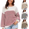 Women's Fashionable Round Neck Striped Knitted Sweater Pullover Sweater Long Sleeved Top