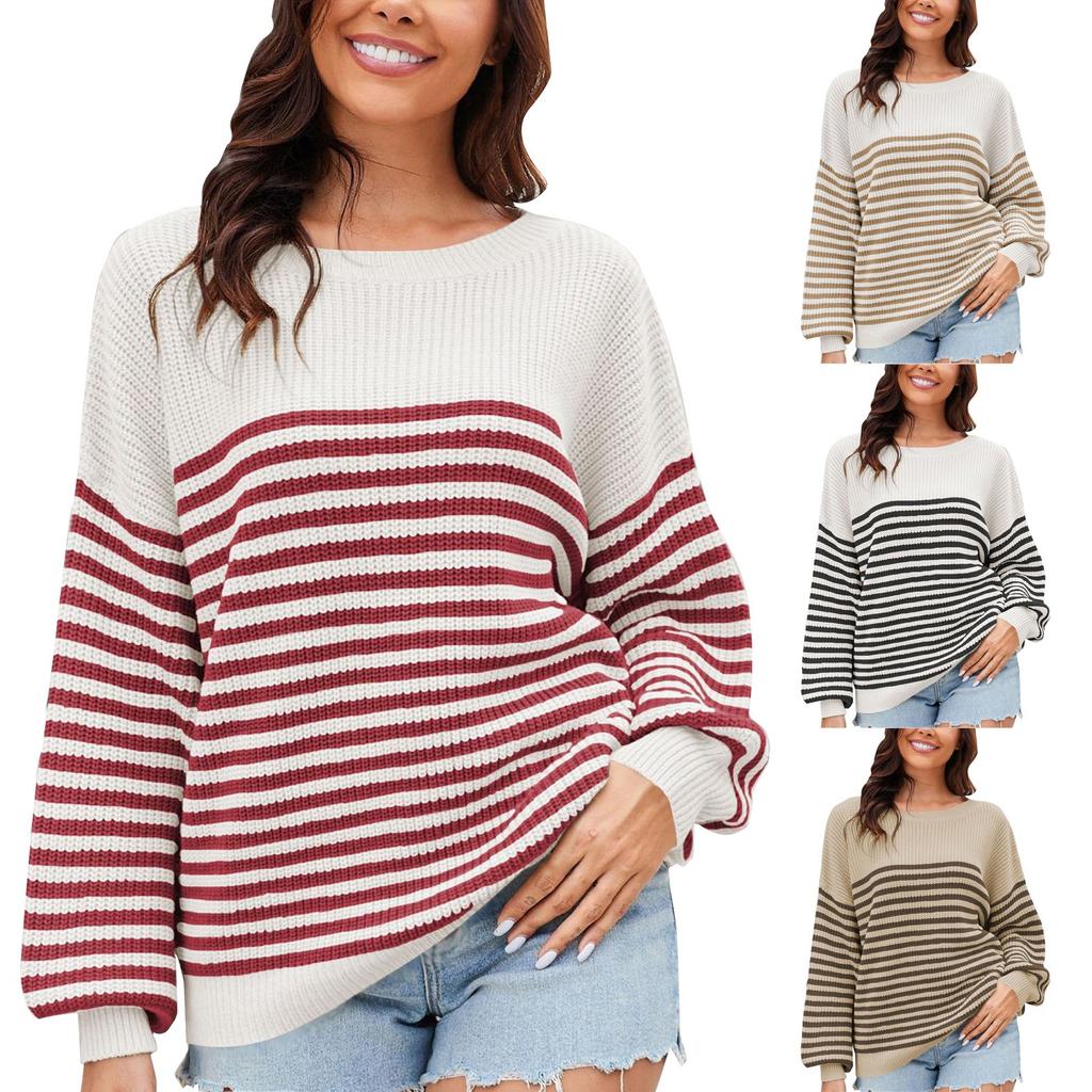 Women's Fashionable Round Neck Striped Knitted Sweater Pullover Sweater Long Sleeved Top