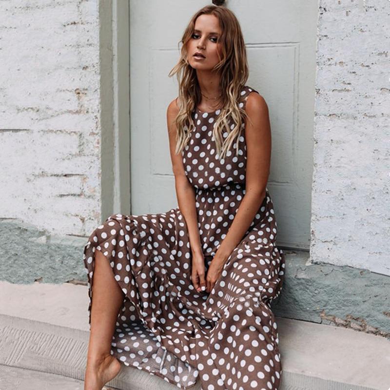 Summer Sexy O Neck Sleeveless Boho Polka Dot Print Maxi Dress New Casual Ladies Party Long Dress