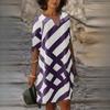 QICED Модное платье-трапеция из бамбуковой пеньки с V-образным вырезом и полосатым принтом и рукавами средней длины