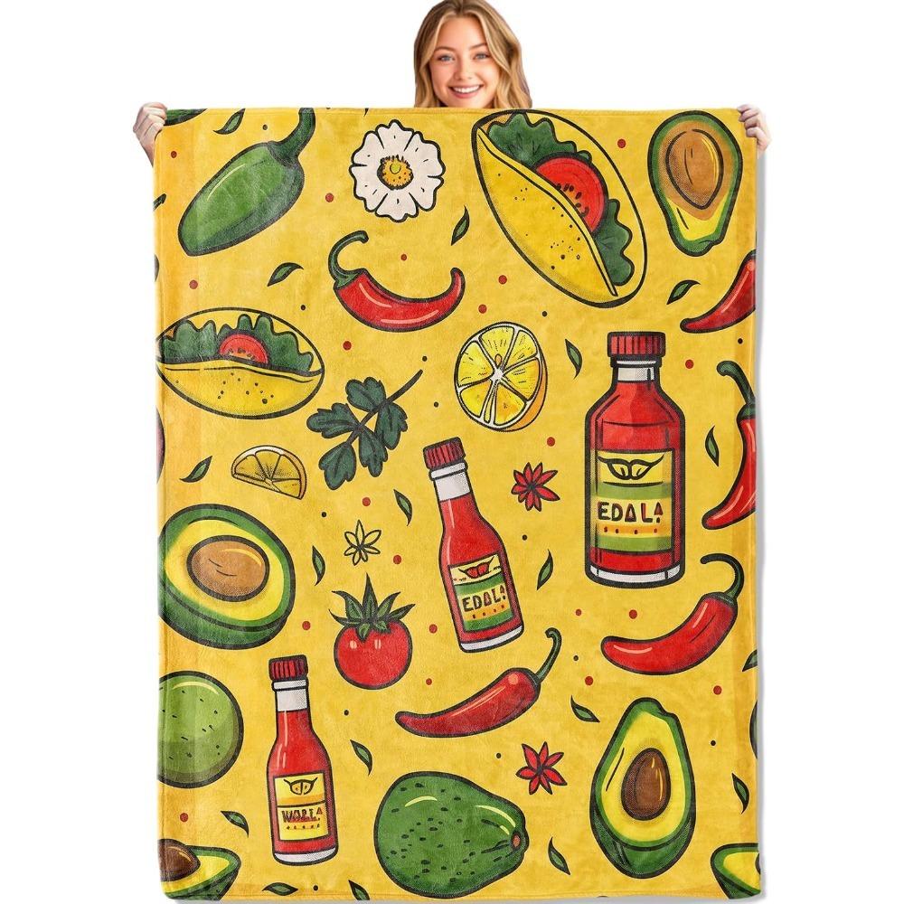 Mexican Taco Avocado Chili Flannel Blanket Cute Cartoon Mexican Food Print Soft Warm Throw Blanket Sofa Bedroom Funny Food Theme Home Decor Gift
