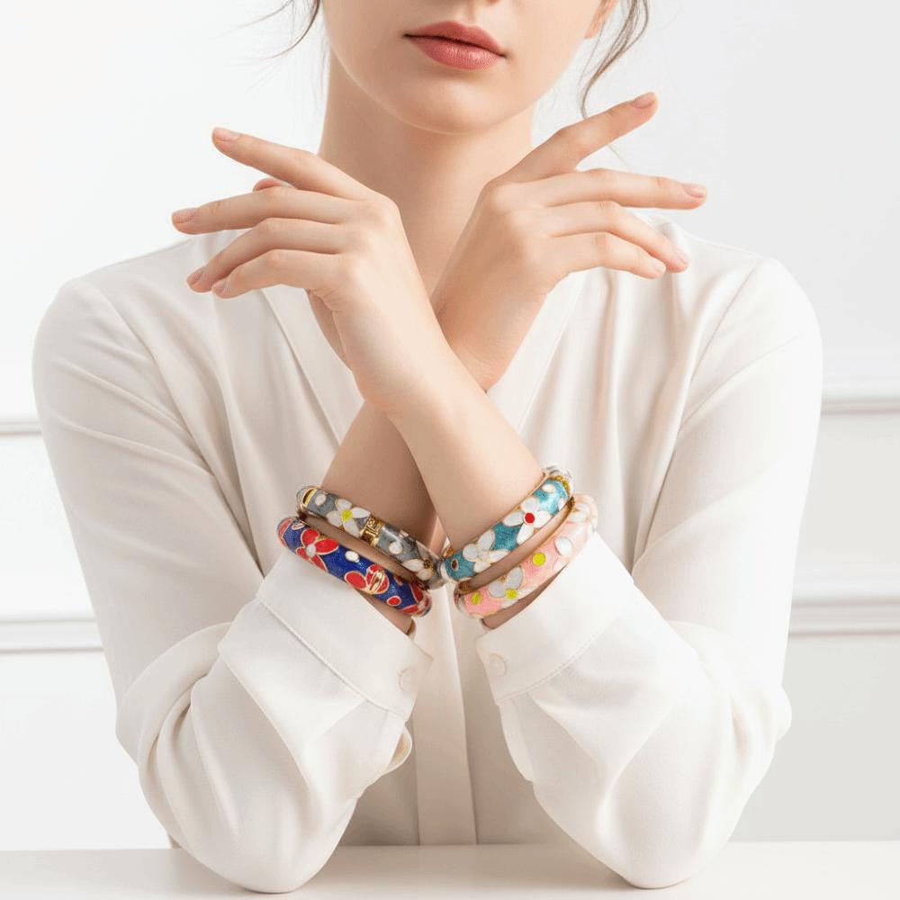 Chinese Style Enamel Flower Bangle Colorful Women's Hand Bracelet Vintage Cloisonne Bangle  Girls