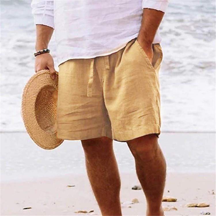 Men's 2025 Summer Cotton Linen Shorts - Elastic Waist, Straight Leg, Breathable Solid Color Casual Beach Mid-Length