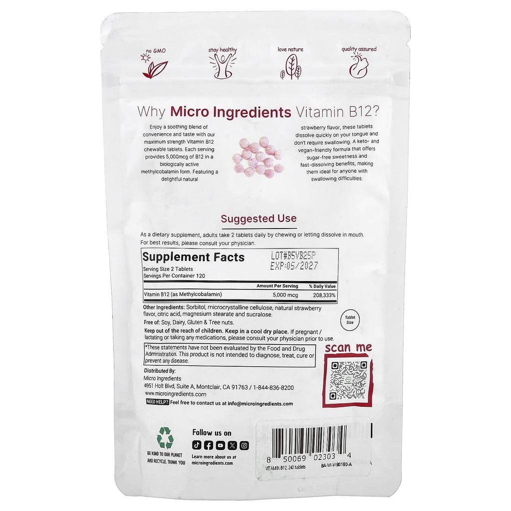 Micro Ingredients Витамин B12 Метилкобаламин, Клубничный вкус, 5000 мкг, 240 жевательных таблеток (2,500 мкг на таблетку)