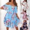 Women's Spring/Summer 2022 Off-Shoulder Chiffon Print Dress with Spaghetti Straps and Ruffles