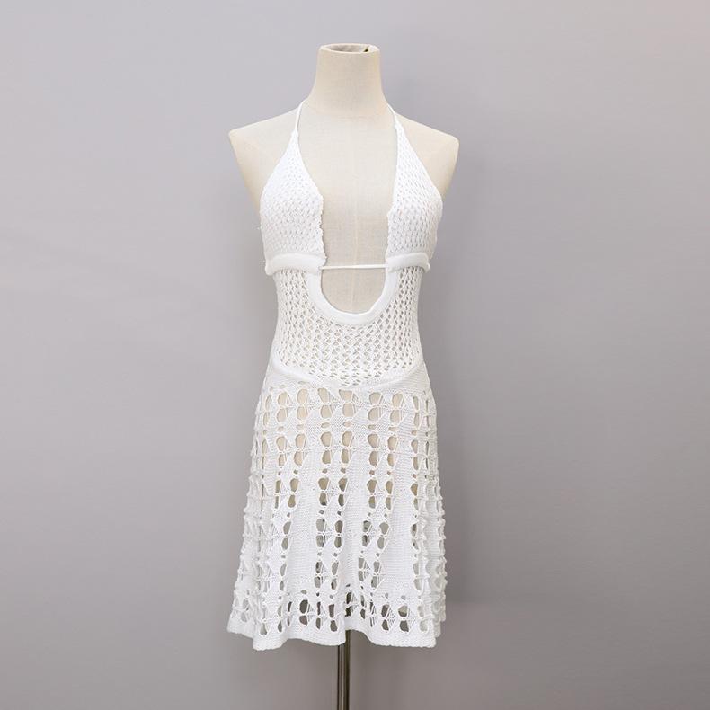 Летнее женское пляжное платье, однотонное открытое вязаное платье, сексуальный купальник, накидка с завязкой на шее, висит