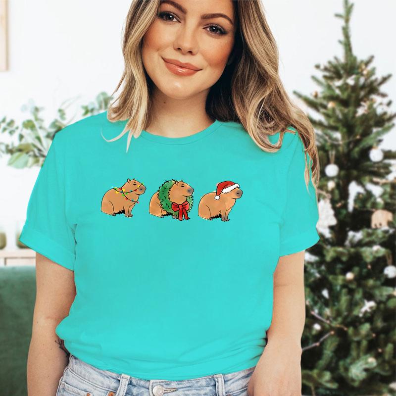 Merry Christmas Capybaras Print Women Fashion Casual Tshirts Capybara Kawaii Cartoon Tee Capybaras Lover Christmas Gift Tshirt